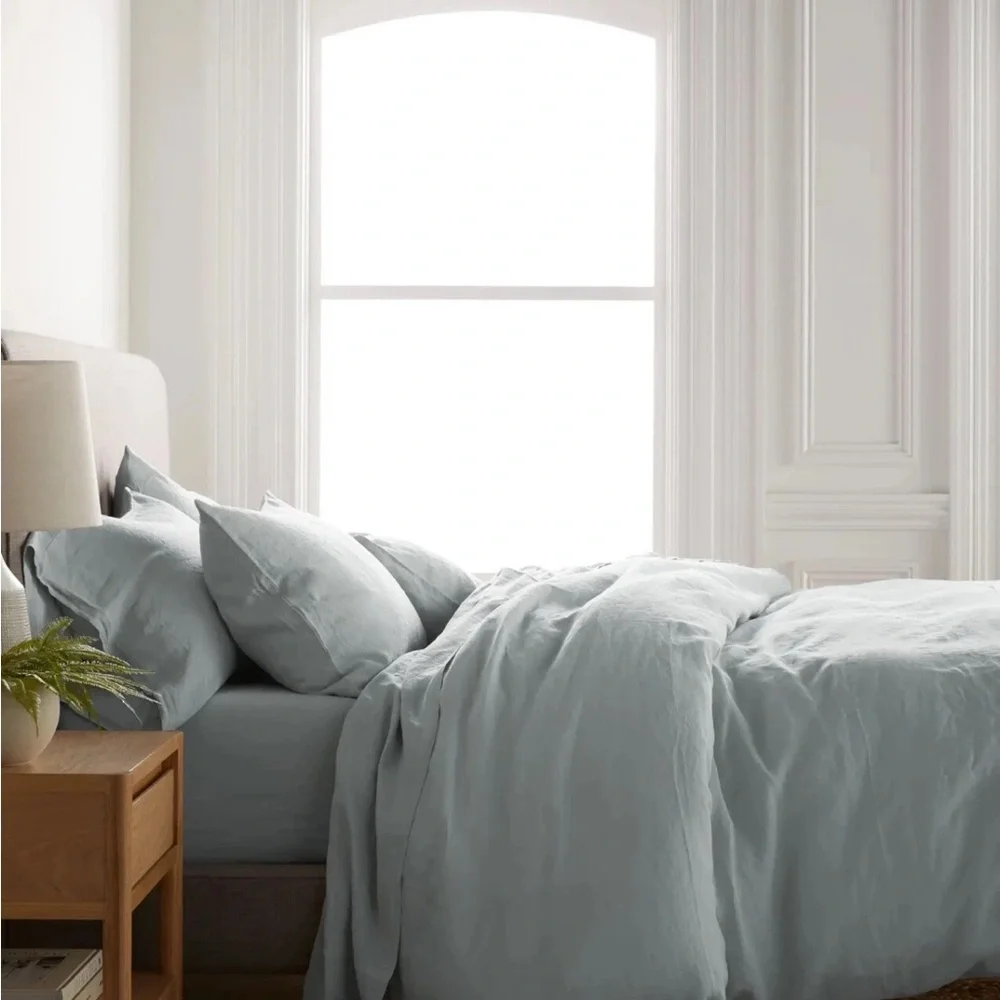 Quince Pale Blue/Green 100% Linen Duvet Cover & Pillowcase Set New- King